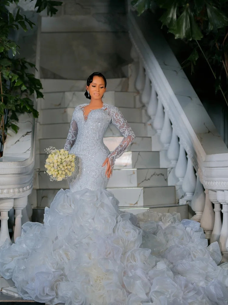 Luxury White Phantom Long Sleeve Mermaid Wedding Dress Lace Water Diamond 3D Rose Ruffle Ball Dress African Bridal Dress Custom