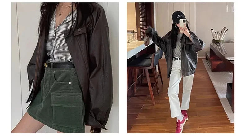 Lautaro Autumn Cool Brown Oversized Leather Jacket Women Drop Shoulder Long Sleeve Zippper High Quality American Retro Clothing