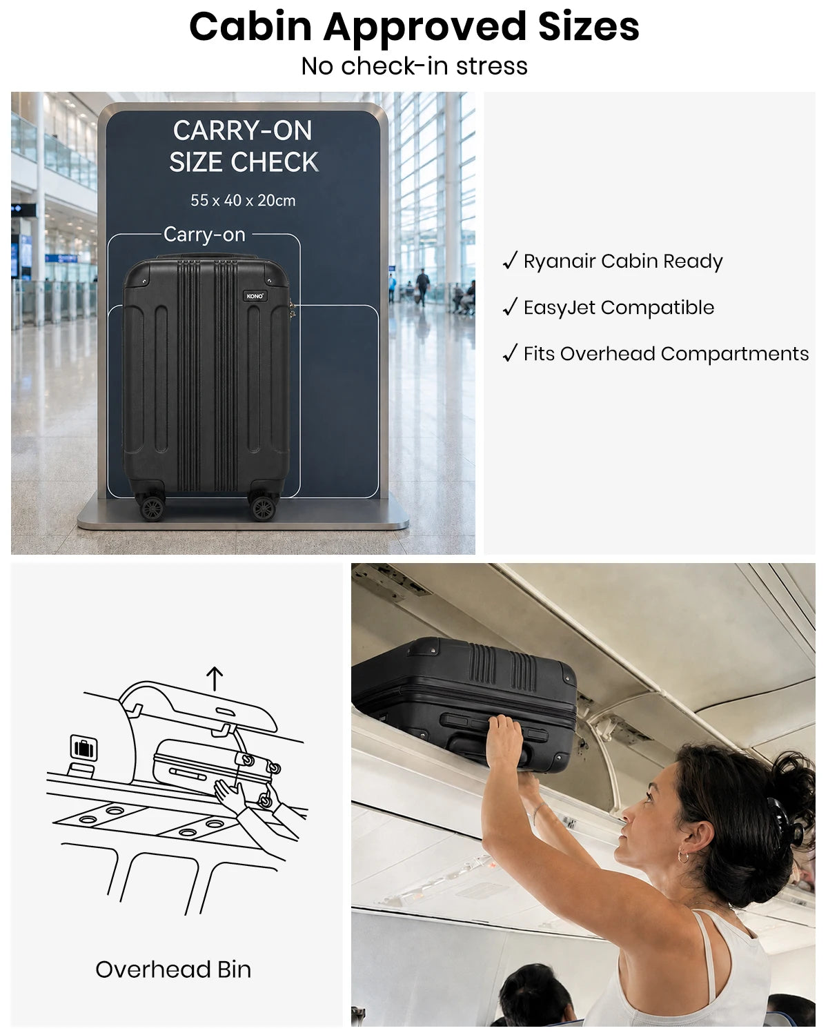 Kono Large Hard Shell Luggage 19/24/28 inch Lightweight ABS 4 Wheels Spinner Business Trip Trolley Case Suitcase