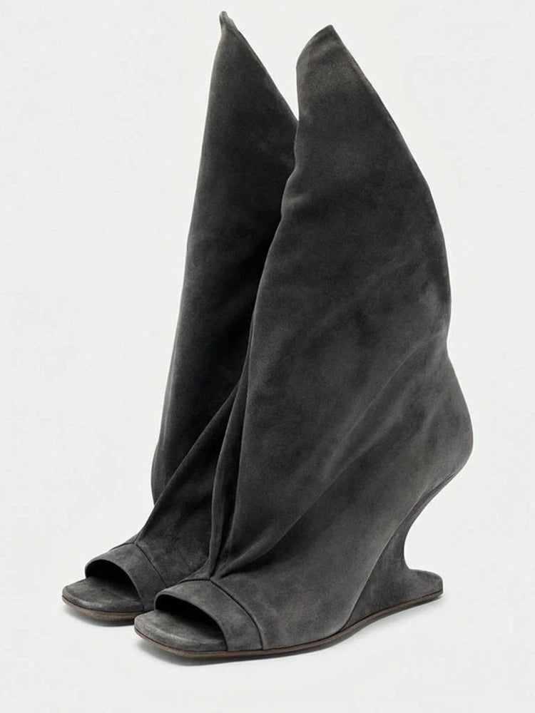 Runway Style Women Peep Toe Tall Boots Sculptural Wedge Heel Draped Pleated Upper Trendy Evening Statement Fashion Footwear