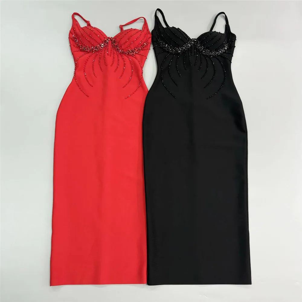 Women Sexy Beading Spaghetti Strap Bandage Dress Bodycon Clothes Club Party Celebrity Elegant Dresses