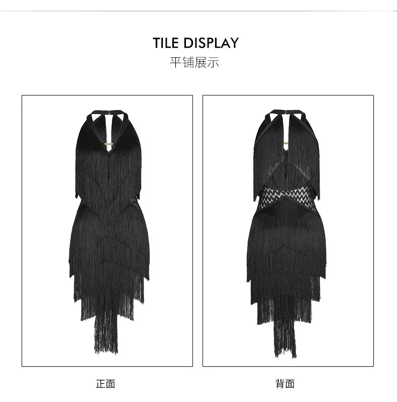 Women Backless Fringe Sexy Black Dress Cha Cha Rumba Samba Tango Dance Costume Prom Wear Latin Dance Copetition Dress