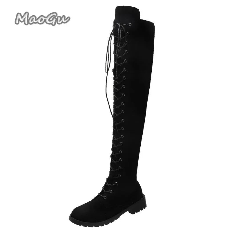 Side Zipper Lace-up Women's Long Botas Brown Black Suede Mid Heel Over-the-Knee Boots for Women Ladies Thigh High Boots Size 43