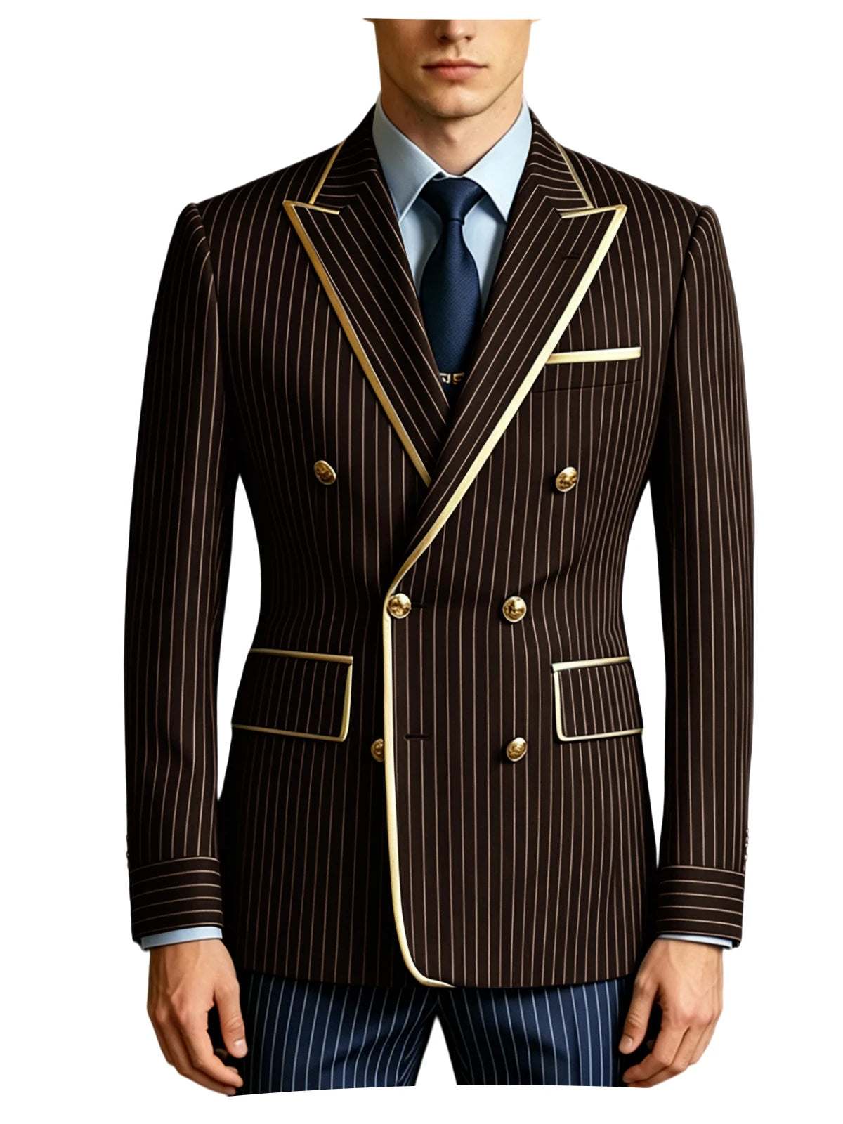 Men's Double Breasted Pinstripe Blazer Slim Fit Formal Business Suit Jacket Luxury Gold Trim  Tuxedo for Wedding Party Office