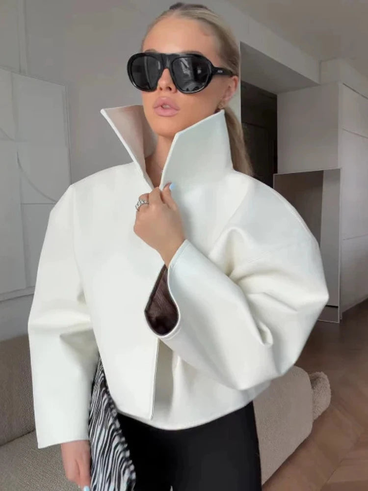 Crocodile Pattern Embossed Short Women Leather Jacket Stand Collar Zipper Long Sleeved Cropped Jackets 2026 Street Daily Outfit