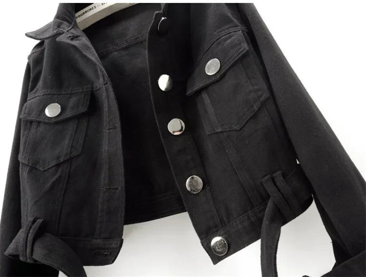 Spring Vintage Army Green Black Khaki Denim Jacket Women Hem Belt Big Pocket Cowboy Outerwear Loose Short Jeans Jackets Female