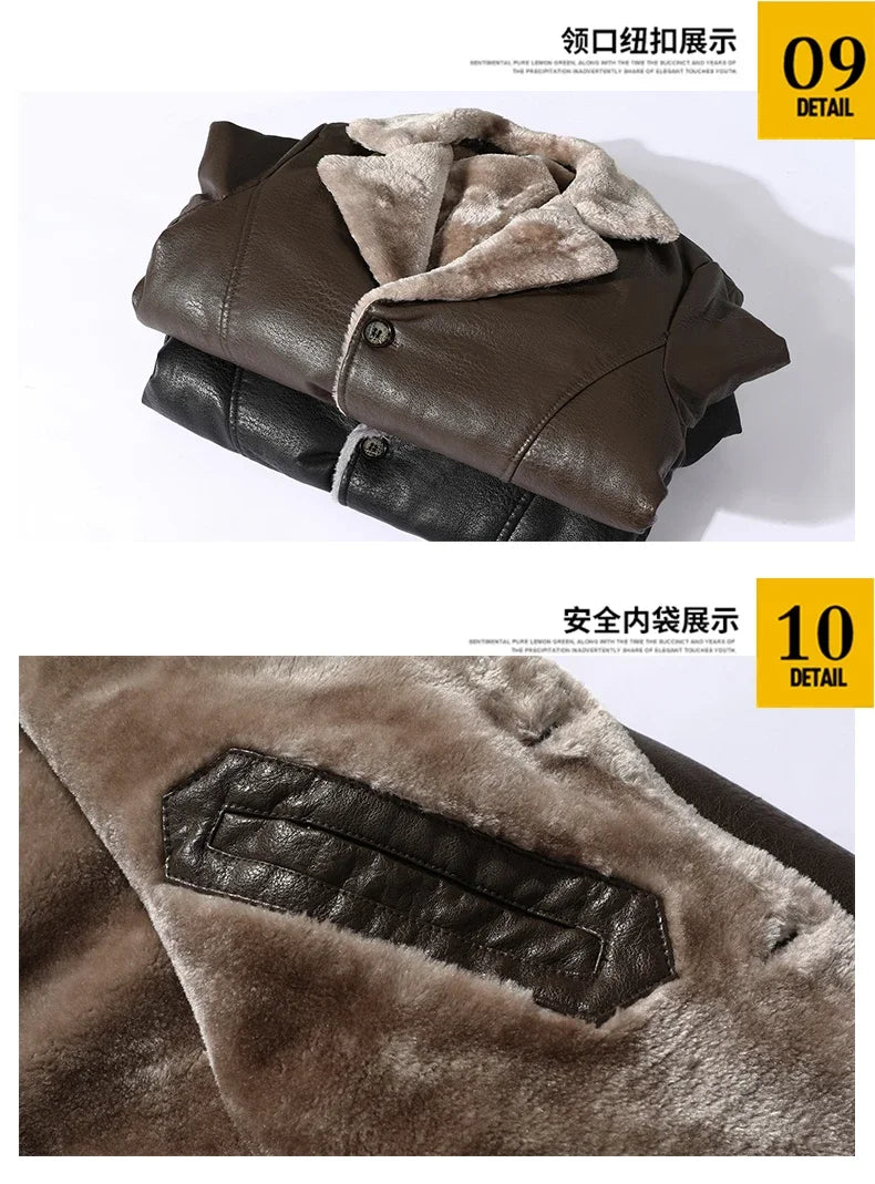 Men's Medium and Long PU Leather Jacket, Business Velvet Lapel Blazer, Single-Breasted Vintage Design Jacket