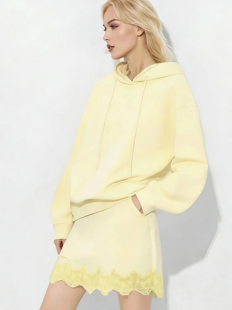 Streamgirl Brown Hoodies With Lace Women Oversize Plain Spring Elegant Butter Yellow Hooded Sweatshirts For Women Oversized