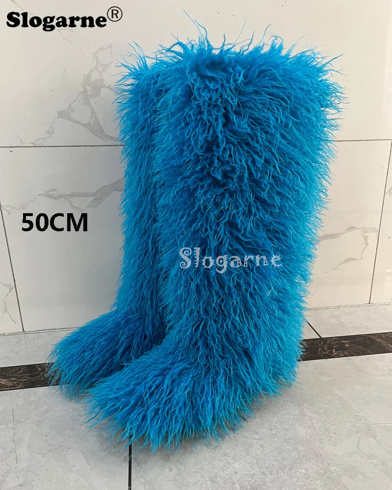 New Over The Knee Fur Boots Women Warm 72CM Long Faux Mongolian Fur Snow Boots Winter Luxury Fluffy Shoes Plush Platform Shoes
