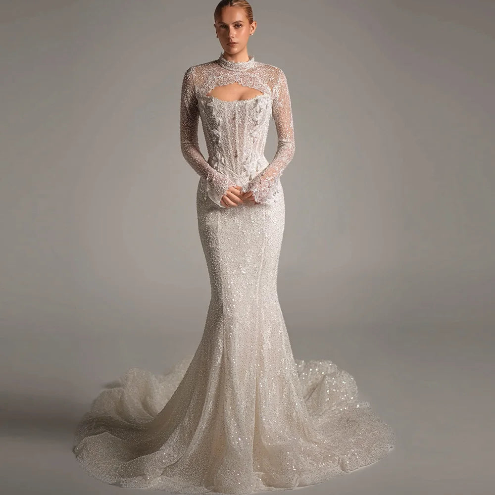 Luxury Appliques Lace Customized Vestido De Novia Classic Long Sleeves High Collar Wedding Dress Mermaid Backless Bridal Gowns