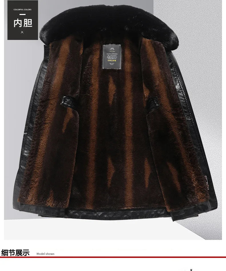 Leather Jacket Men Winter Jacket Men Medium Length Plush Thickened Leather Coat for Men Fur Collar Windbreaker for The Elderly