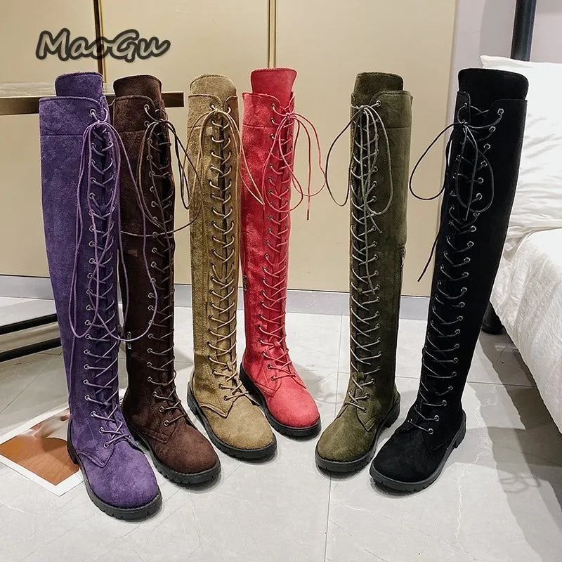 Side Zipper Lace-up Women's Long Botas Brown Black Suede Mid Heel Over-the-Knee Boots for Women Ladies Thigh High Boots Size 43