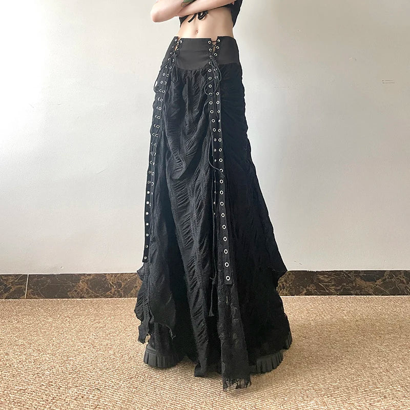 Gothic Long Skirt Bandage Lace Mesh Patchwork High Waist A Line Drawstring Split Black Skirt Irregular Aesthetic Female Fashion