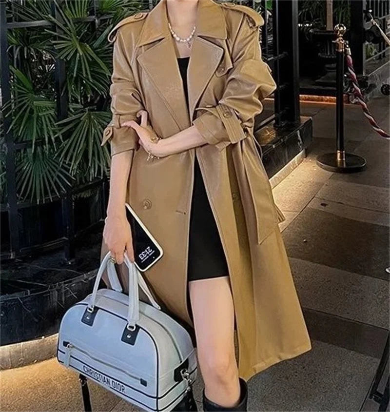 Womens Autumn Classic Double Breasted Long Trench Jacket with Belt Female PU Leather Jacket Lapels Windbreaker Winter Coat for W