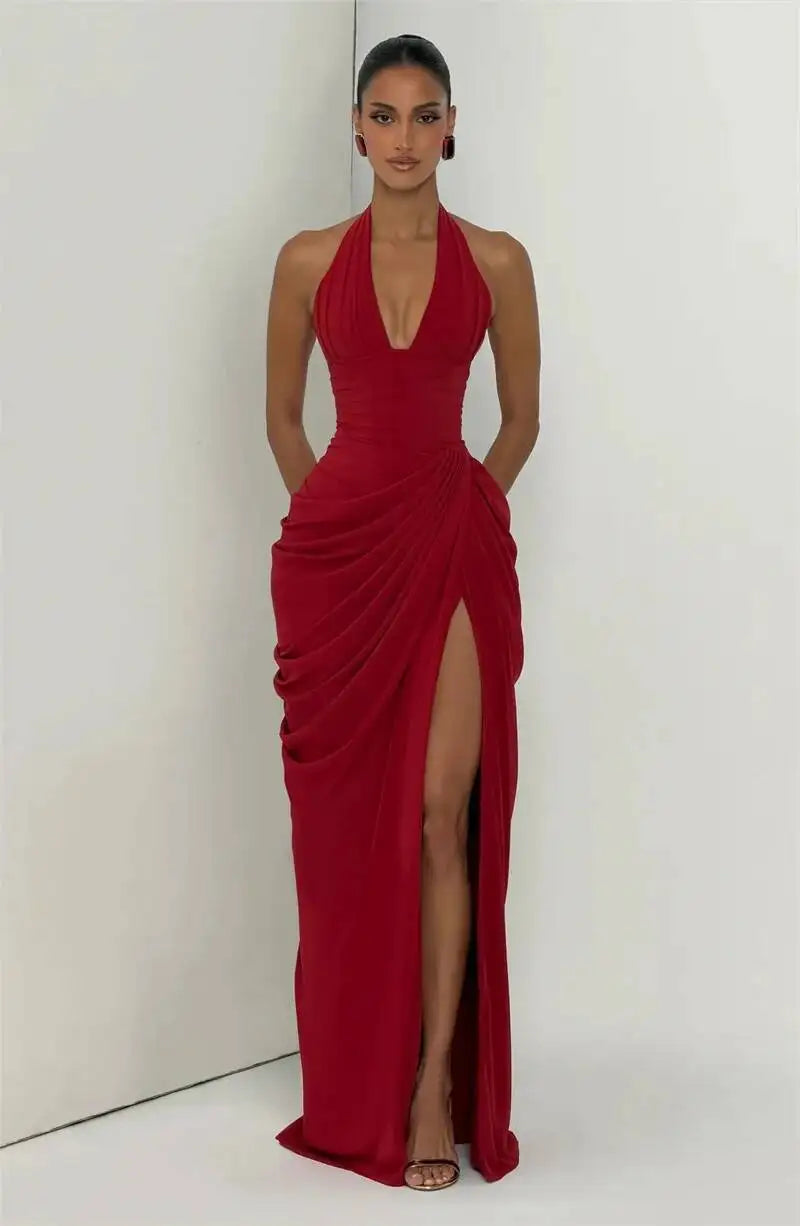 Mozision Wine Red Halter Deep V Maxi Dress Women Elegant Draped Ruched High Split Bodycon Cocktail Wedding Club Party Dresses