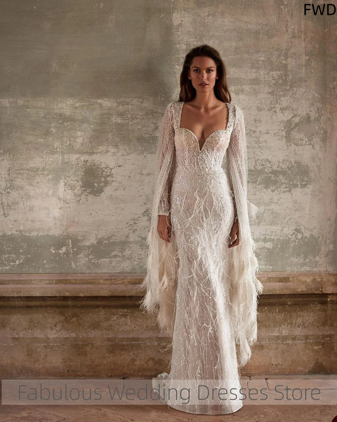 Customized Charming Luxury Beads Lace Wedding Dress Sexy Feather Shawl Sleeves Bridal Gowns Robe De Mariée