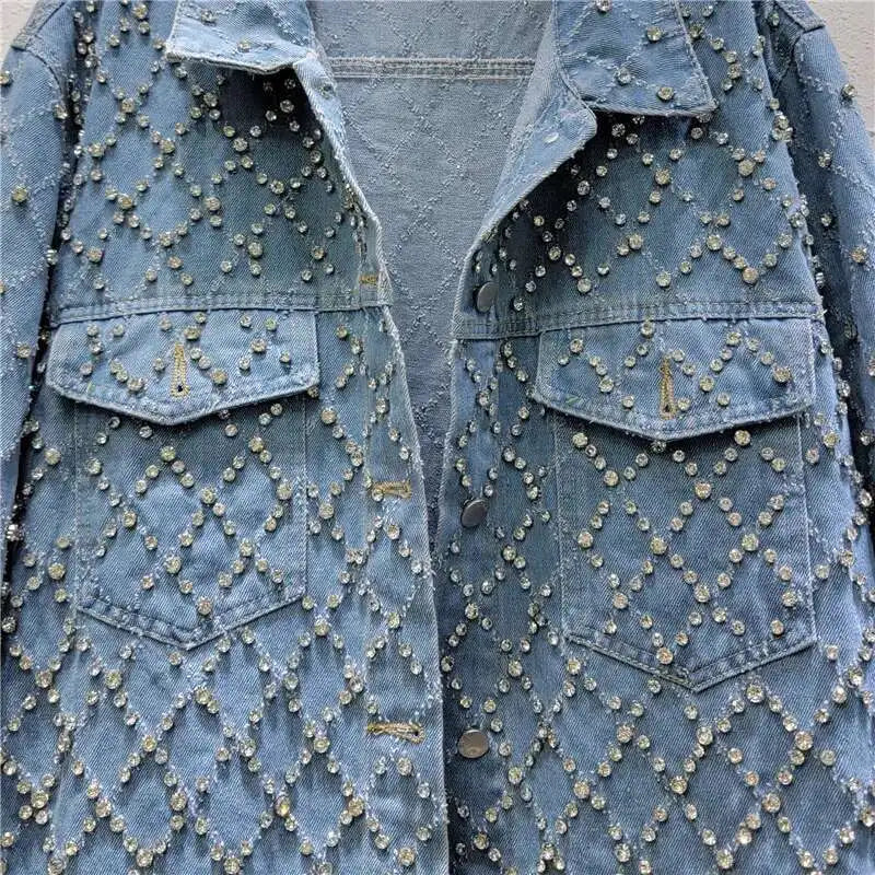DEAT Women's Denim Coat Blue Long Sleeve Full Diamonds Distressed Jacquard Plaid Jackets 2026 Summer Summer New Fashion 29L7709