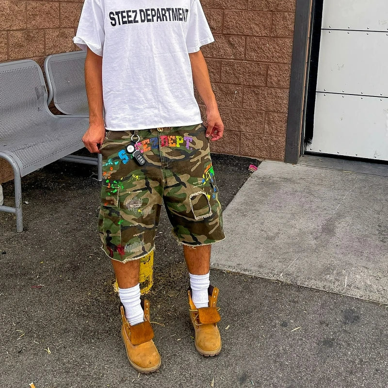 Y2k Camo Cargo Shorts Retro Graffiti Patched Hole Men Women Shorts American Hip Hop Trendy Streetwear Unisex Casual Baggy Shorts
