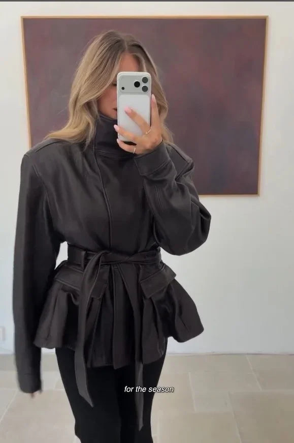 Women's Black Belted Faux Leather Jacket High Neck Long Sleeve Waist Belt Autumn Winter Peplum Jackets 2026 Street Outerwear