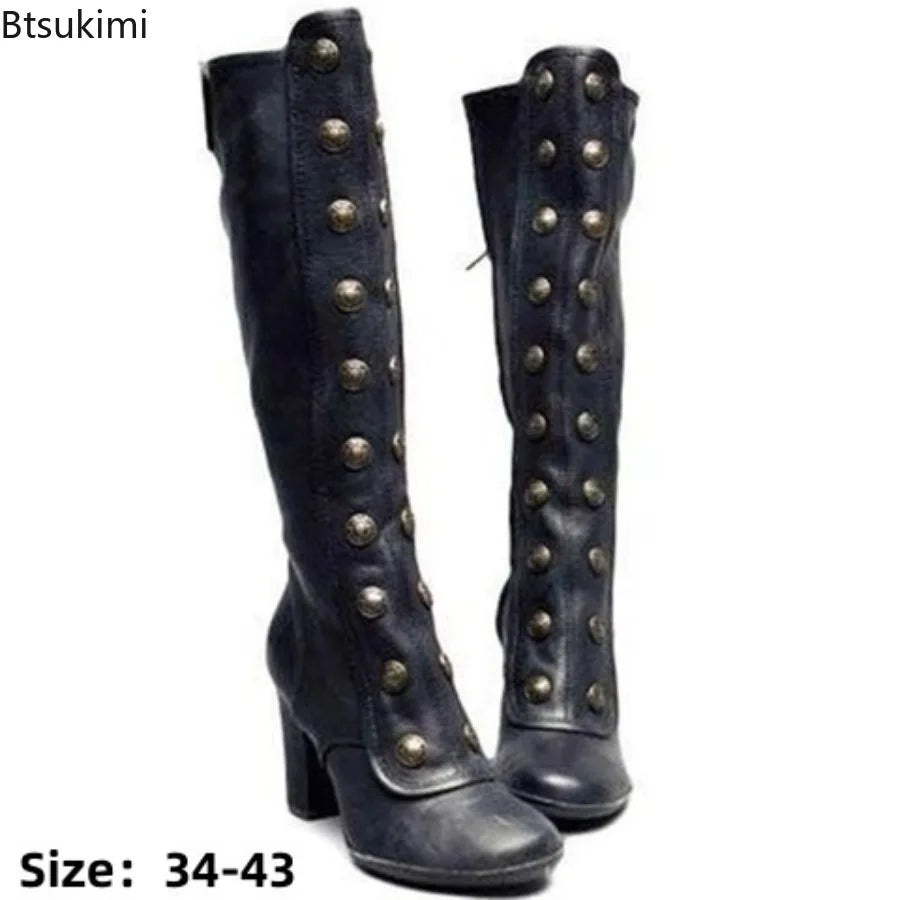 Retro Black Fashion Rivet Decor Boots Chunky Heels Knee High Slip on Shoes for Women Knight Boots  Autumn Zapatos Para Mujere