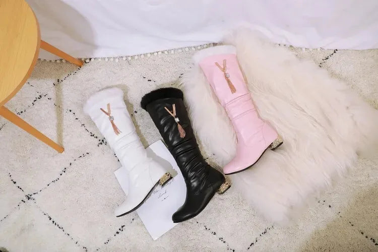 Winter Warm Knee High Boots Women Platform Wedges High Heels Snow Boots Slip on Winter Ladies Shoes White Black Pink 2025