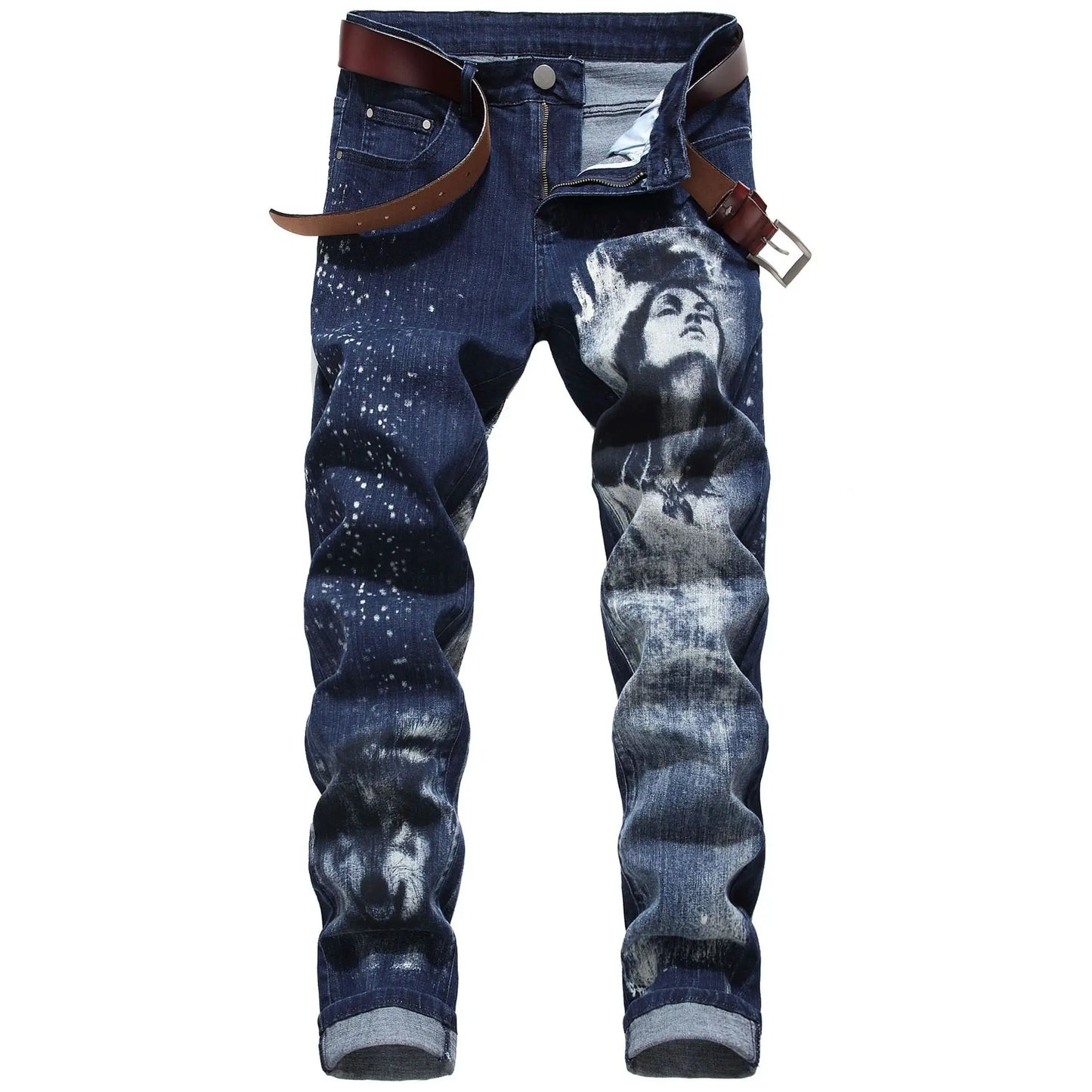 Blue Men's Jeans 3D Digital Print Stretch Denim Pants Blue Black White Trousers Men Fashion Slacks 28-34 36 38 40 42
