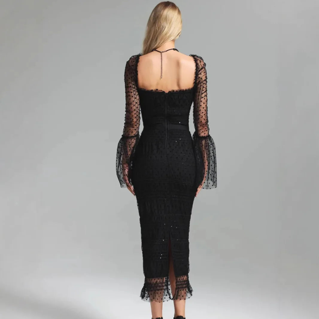 European and American New Women's Clothes Elegant Bell Sleeve Mesh See-through Dress High-End Pleated Bandage Hip Skirt