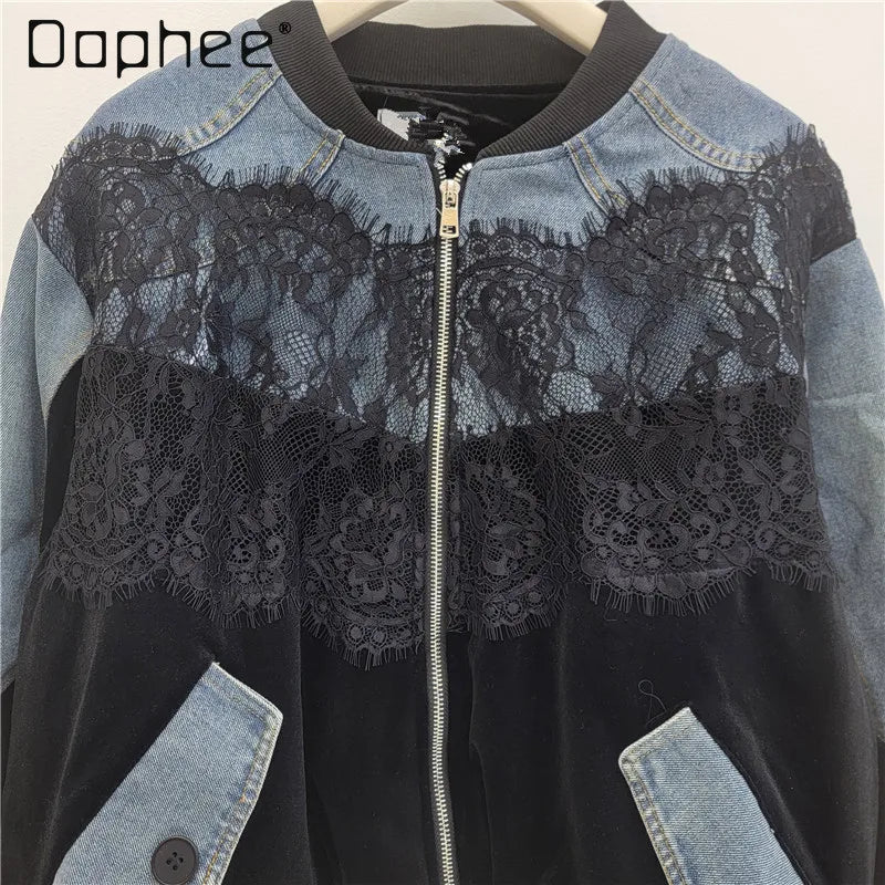 Spring New Fashion Stitched Lace Loose Velvet Denim Jacket Trendy Personality Street Casual Versatile Baseball Jackets Women