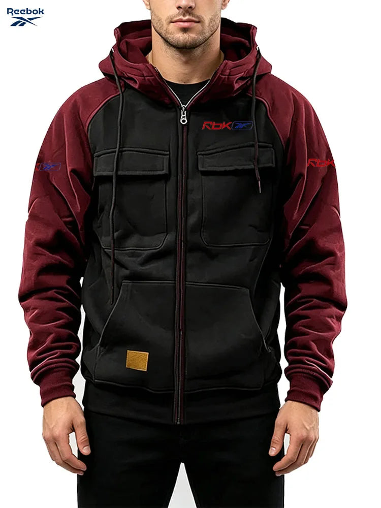 Reebok Men's Zippered Patched Warm Fleece Pullover for Autumn/Winter - Multiple Pockets - Stylish Hooded Jacket - Thick Outdoor