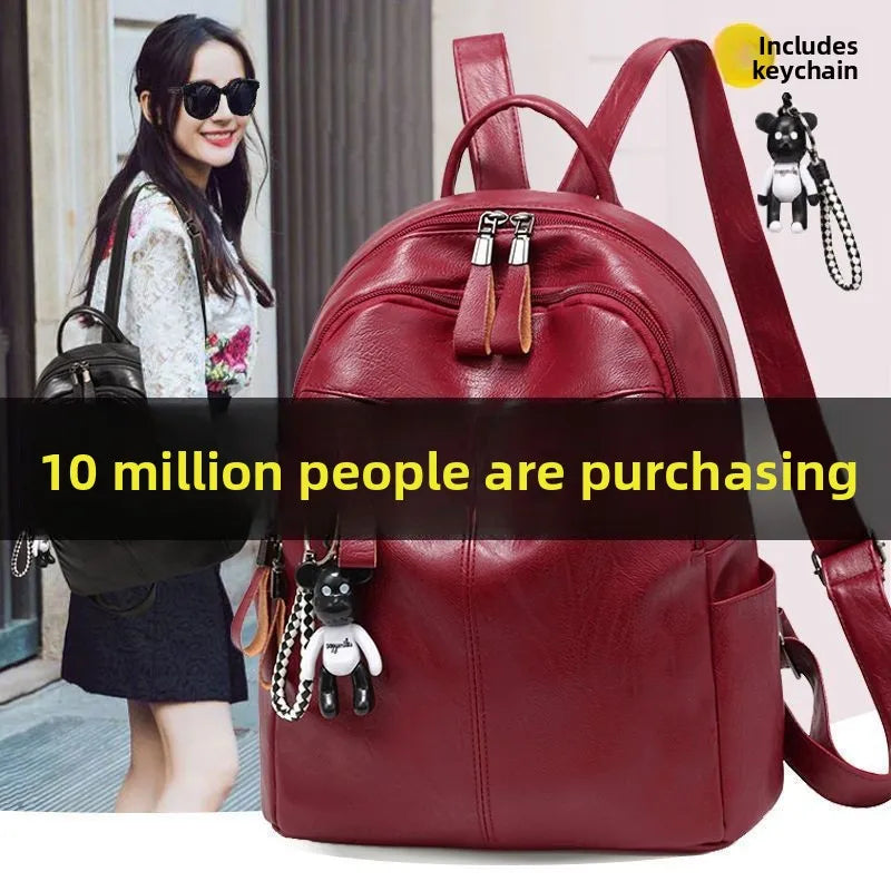 Women's Large Capacity Soft Leather Backpack Fashionable Street Style Travel Bag 2025 New Korean Version Trendy Ladies Bag