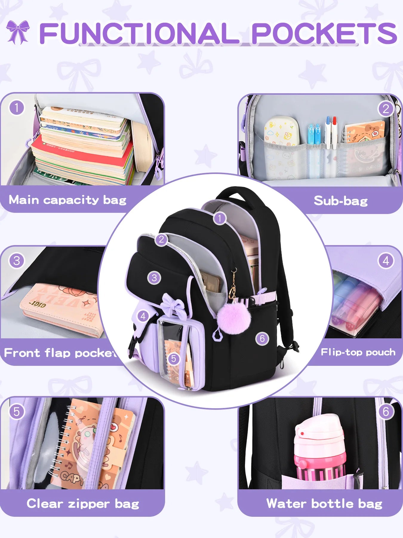 Three-piece Purple School Bag Set Casual with Pen Bag Students Schoolbag Durable with Lunch Bag Large Capacity bow Backpack book