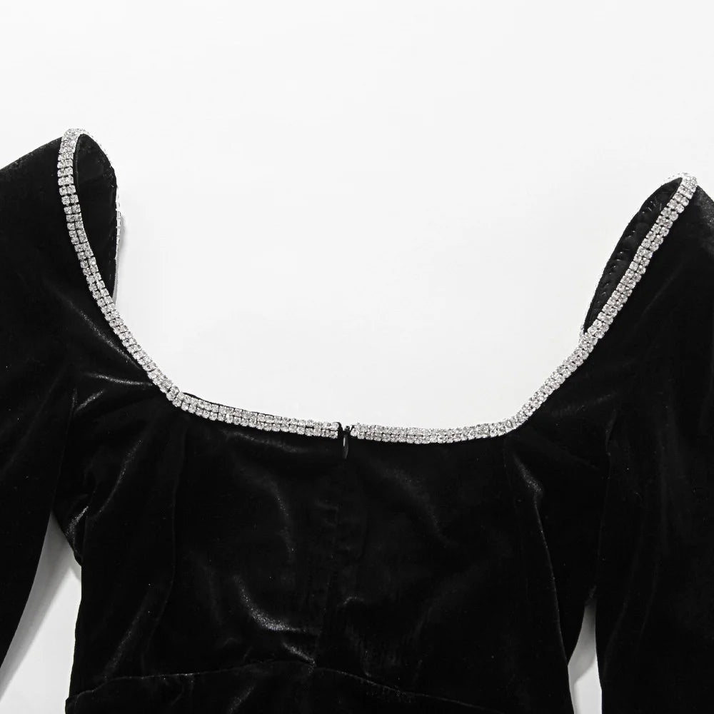 Mozision Long Sleeve Sexy Deep V Neck Wired Diamante Crystal Padded Should Bodycon Outfits Women Winter Velvet Party Dress