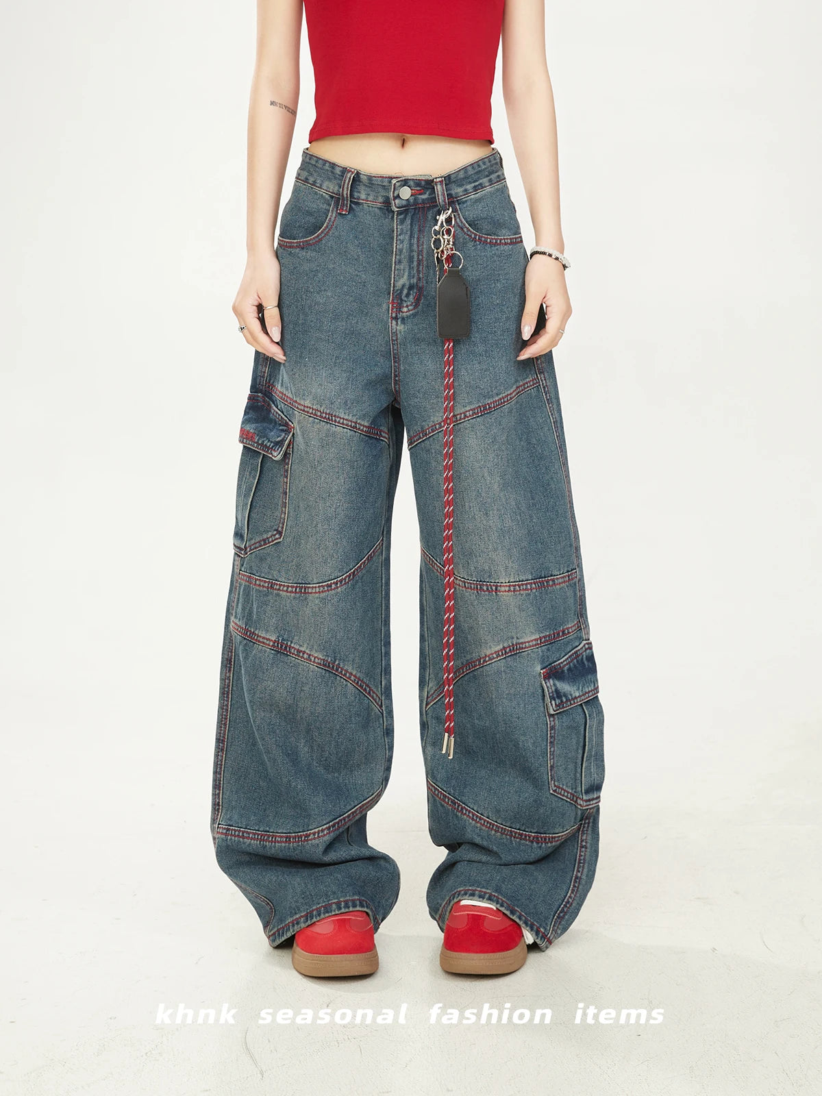 Washed Vintage American High Street Loose Women's Jeans with Patchwork And Stitching Design Casual Wide Leg Workwear Trousers
