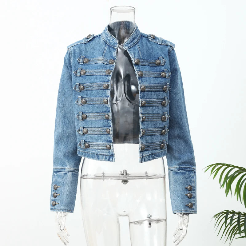 Vintage Denim Military Jacket Women Retro Solid Round Neck Single Breasted Slim Short Jackets 2026 Lady Daily Street Outerwears