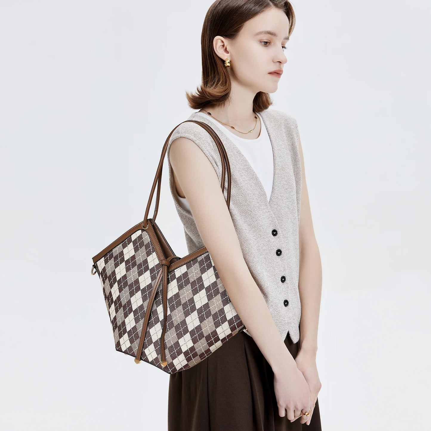 FOXER Brand Chic Women's Shoulder Bag 2026 New Spring Summer Luxury Design Female Handbag Purse Fashion Large Plaid Tote Bag