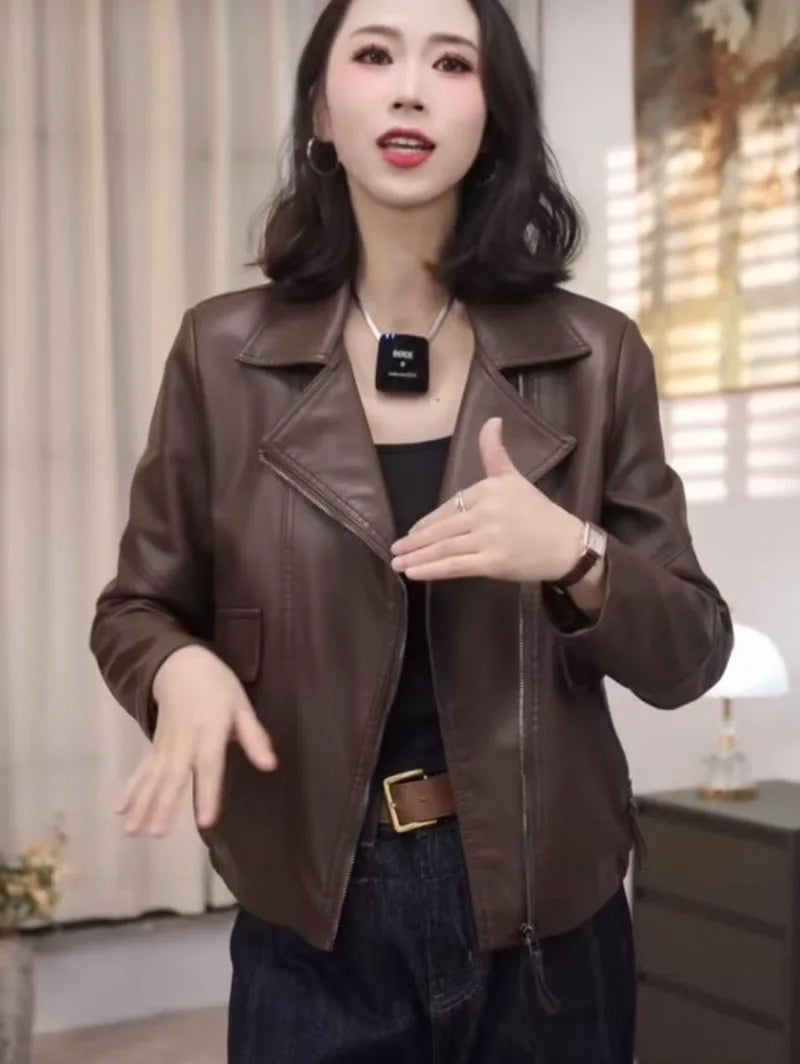 2026 Fashion Autumn PU Leather Jacket Women New Short Leather Coat Retro Lapel Sweet Motorcycle Outerwear Ladies Overcoat Top