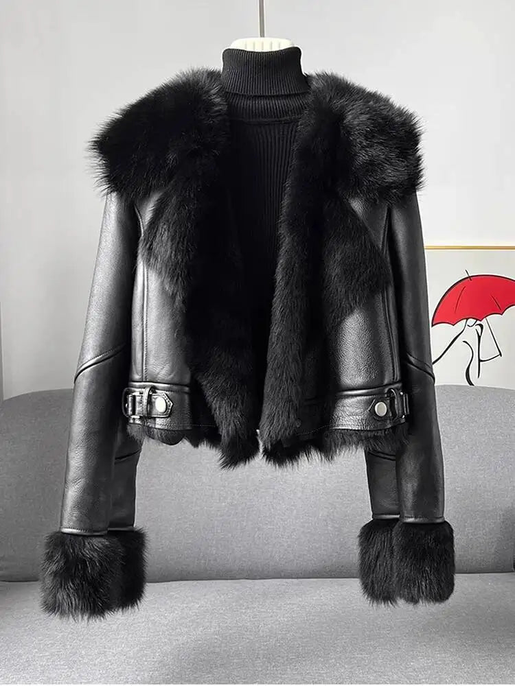 [EAM] Black Faux Fur Thick Big Size PU Leather Jacket New Lapel Long Sleeve Women Coat Fashion Tide Autumn Winter 2026 1DJ8775