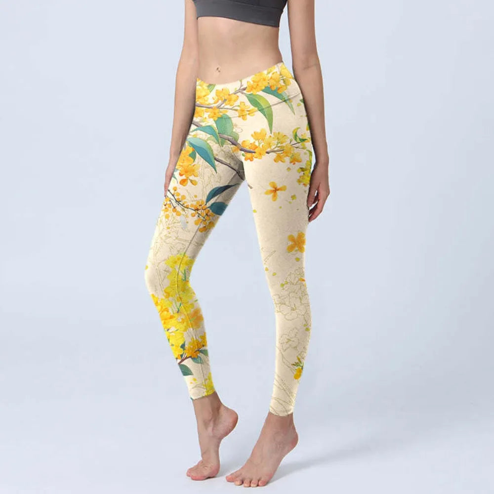Women High Waisted Yoga Pants Tummy Control Leggings Floral Butterfly Landscape Printed Workout Gym Fitness Running Tight Pants
