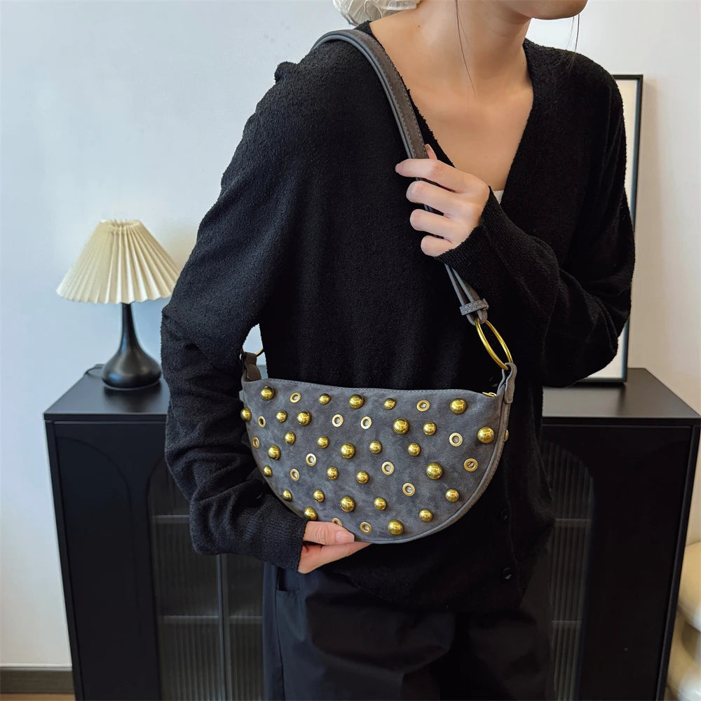 MOODS Branded Half-moon Shoulder Bags For Women Faux Suede Rivets Decor Crossbody Hobo Bags 2025 Latest Designer Handbags Luxury