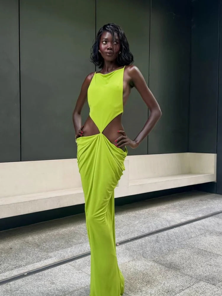 Women Sexy Soilid Hollow-out Maxi Dress Fashion Sleeveless Backless Pleated Slim Female Dresses Summer 2026 Party Evening Robe