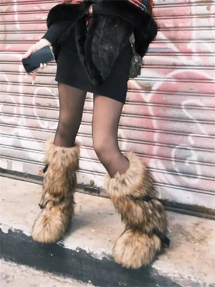 2025 Winter Subculture High Top Furry Boots For Women Snow Boots Niche Lined Thick Soled Long Tube Snow Boots