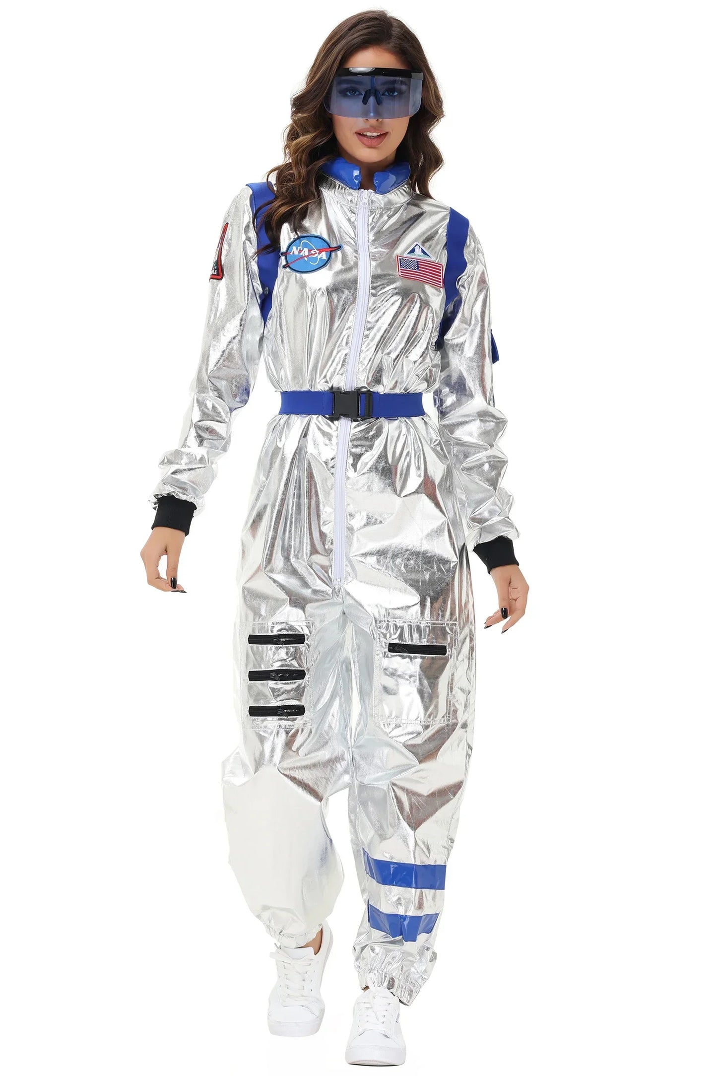 Adults Silver Astronaut Costume Space Suit Men Women Couple Jumpsuit Cosplay Halloween Carnival Party Dress Up