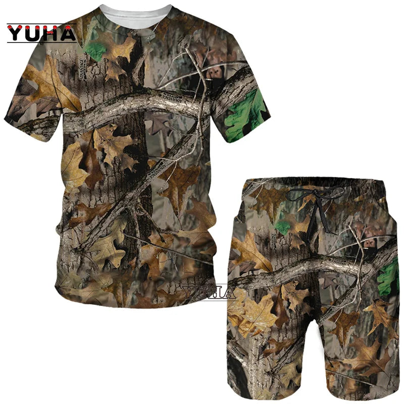 YUHA,Hunting  Summer Men's 3D Printed Camouflage Maple Leaves T-Shirt/Shorts/Suits Unisex Casual Outdoor Sportwear Short Sleeved