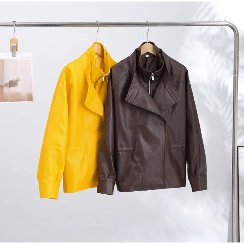 Fashion Solid Faux Leather Women's Jacket  Lapel Waist Cinching Loose Long Sleeves Coat Chic 2026 Spring Autumn New Street Wear