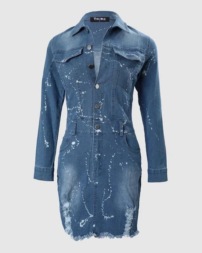 Women's Dresses 2023 Spring Fashion Ink Splash Ripped Raw Hem Button Front Casual Turn-Down Collar Long Sleeve Mini Denim Dress