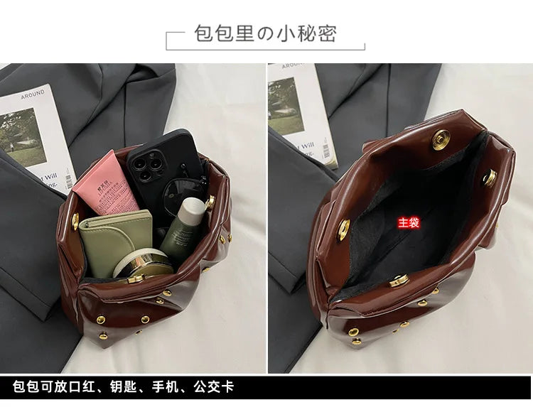 Simple Versatile Clip Evening Handbags for Women Solid Color Rivet Pleated Design Ladies Clutch Female Soft Pu Leather Purse
