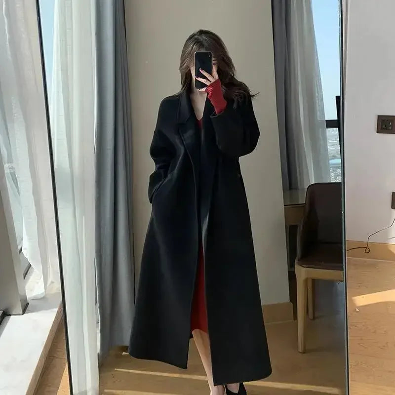 Black Woolen Coat Women's Mid-Length Thickened Autumn Winter New Style High-End Atmosphere Goddess Style Outerwear Coat