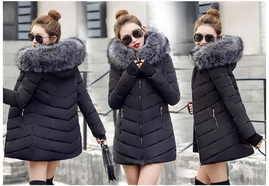 2024 New Wool Collar Hooded Winter Jacket Parkas Women's Jacket Thick Warm Cotton Cushion Down Coat Parka Coat Winter Long Fit D