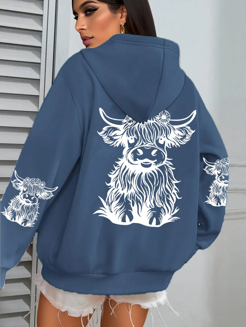 Cute Hair Cow Cartoon Printing Hoodies Womens Fleece Autumn Streetwear Comfortable Casual Hoodie Y2K Pocket All-Match Hoody