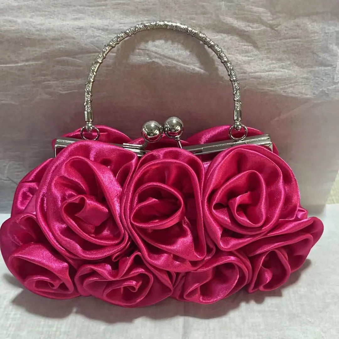 Satin Flower Clutch Bags For Women Banquet Party Evening Bags Metal Handbags Retro Blue Silver Black Chain Shoulder Bag female